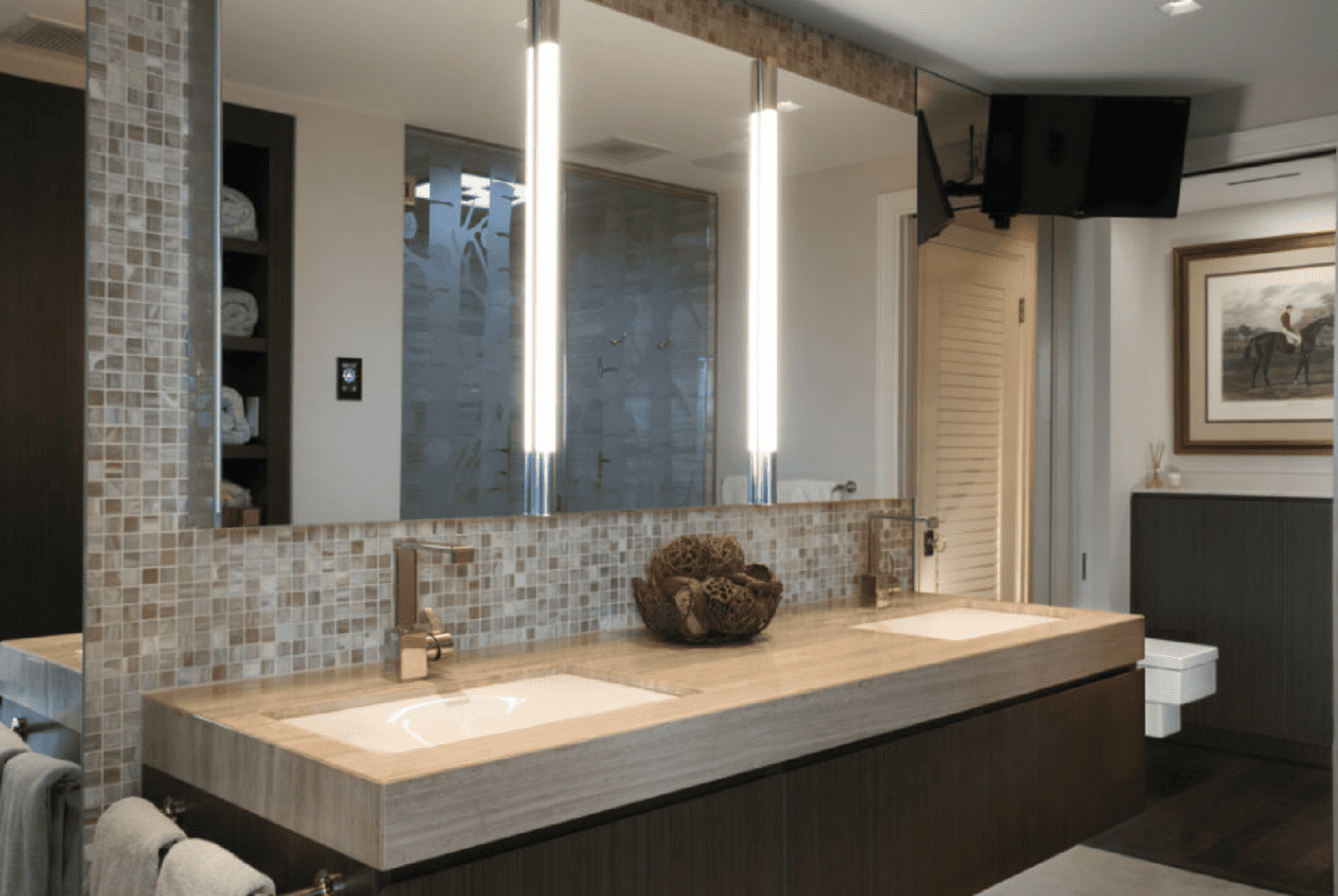 bathroom with travertine counters