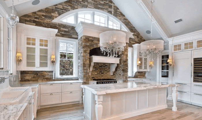 kitchen with stone walls