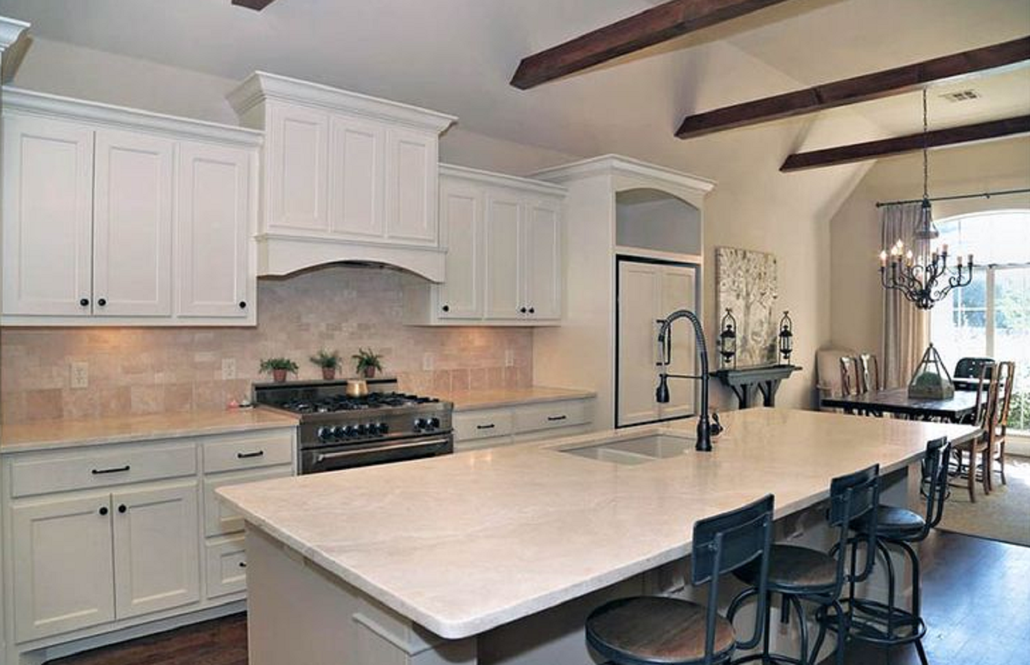 kitchen with travertine counters